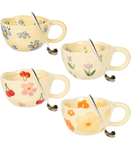 Maygone 4 stks Leuke Keramische Mokken Koffie Cups Handgemaakte Onregelmatige Bloem Melk Thee Cu Drinkware Keuken Set Voor Thee, Latte