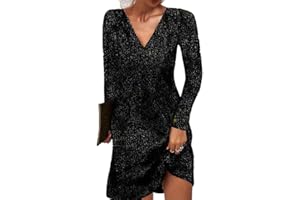 Générique Femmes Col V Robe à Manches Longues Casual Paillettes Robes Courte Chic et Elegant Couleur Unie Brillant Robe Au Genou Soirée Fête Cocktail