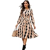 Leriya Fashion Women’s A-Line Midi Dress | Long Sleeve Belted Fit and Flare Gown | Elegant Printed Casual Outfit