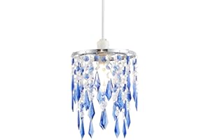 Modern Waterfall Design Easy Fit Pendant Shade with Clear/Midnight Blue Acrylic Droplets and Beads - Chrome Metal Ring - 16cm Diameter by Happy Homewares