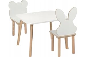 PlayPals Furniture Kindertisch mit 2 Stühlen Set 50 x 60 x 47 cm aus Holz, Bär- und Hasen-Design, Sitzgruppe Kinder, Kinderzimmer Möbel