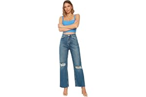 Trendyol Blue Torn Detailed High Waist Wide Leg Jeans Mujer