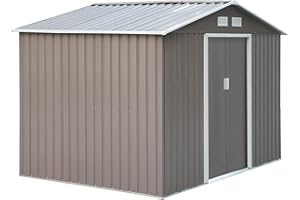 Outsunny Caseta de Jardín Exterior 4,9 m² 277x195x192 cm Efecto Madera Cobertizo de Jardín Exterior con Puerta Corredera Techo Inclinado Base Refuerzo (Suelo NO Incluido) y 4 Ventanas Gris