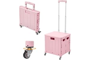 The Fellie 45L Foldable Shopping Trolley with 4 Rotate Wheels, Storage Boot Cart with Adjustable Telescopic Aluminium Handle, Portable Crate Handcart with Lid Grocery Trolley for Camping(30KG,Pink)