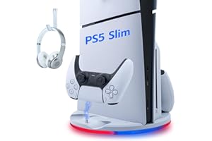 Wigearss PS5 Slim Standfuß Ständer mit Dual Controller Ladegerät, PS5 Controller Ladestation mit RGB Licht für PS5 Slim DE/UHD, Nicht für PS5/PS5 Pro