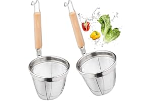 YouXiaor Edelstahl Nudel Sieb 2PCS Multifunktionaler Servierkorb Küchensieb Entleeren Sieb mit Holzgriff Nudel Korb Löffel Chinesisch