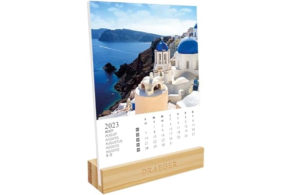 DRAEGER PARIS | Calendrier sur socle Europe 2023 |12 x 16,5 cm | janvier à dec 23 | 7 langues | Calendrier maison, cuisine, bureau mensuel | 12 photos voyage | Socle en bambou | Papier certifié FSC®