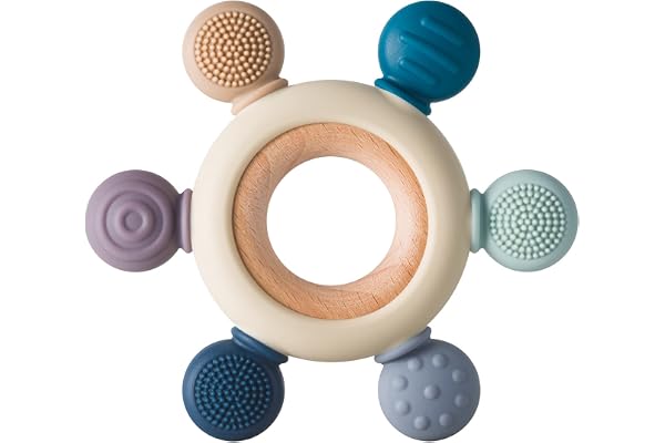 Arudyo Jouets de dentition pour bébé Jouets de dentition en silicone Sans BPA Gouvernail en silicone avec anneau en bois Apaiser les gencives des bébés (gris)