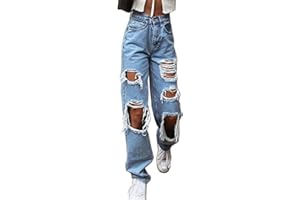 Buetory Y2K Fashion Jeans for Women High Waist Wide Leg Straight Jeans Trousers Loose Ripped Denim Pants Vintage Streetwear