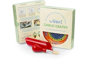 THE GREAT GARLIC GRATER Garlic Grater Plate Set with Brush and Peeler. (#Ref 22). Handmade and Hand Painted in Cordoba, Spain. Orange with Blue and Yellow Rim, with Flowers.