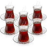 Deconox 12 Par&ccedil;a &Ccedil;ay Seti - 6 Adet Fitil Desenli Cam &Ccedil;ay Bardağı ve 6 Adet Cam &Ccedil;ay Tabağı - Isıya Dayanıklı &Ccedil;ay Takımı