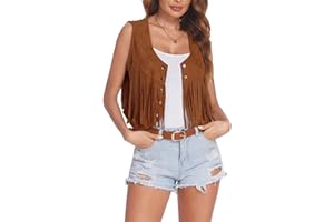 Qianderer Damen Quaste Ärmellose Weste Faux Wildleder Fransen Weste Jacke 70er Jahre Hippie Kostüm Boho Western Jacke Mantel