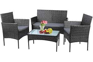Panana Polyrattan Gartenmöbel-Set Balkonmöbel Lounge-Set Sitzgruppe Tisch mit Glasplatte Stühle Patio Wintergarten Outdoor Graues Rattan mit grauen Kissen