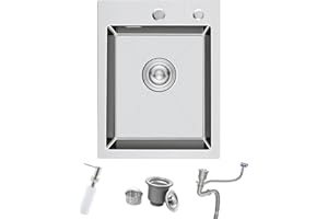 Bokaiya 304 Stainless Steel Kitchen Sink 35 x 45 cm, Small Kitchen Sink, Drop in Topmount Single Bowl with 2 Tap Holes Overflow, Siphon and Soap Dispenser, 1 Bowl, Brushed Nickel