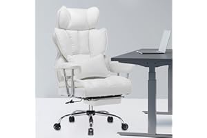 Efomao Desk Office Chair, Big and Tall PU Leather Ergonomic Office Chair, 200KG Adjustable High Back Computer Chair,Executive Swivel Chair with Footrest and Lumbar Support, White