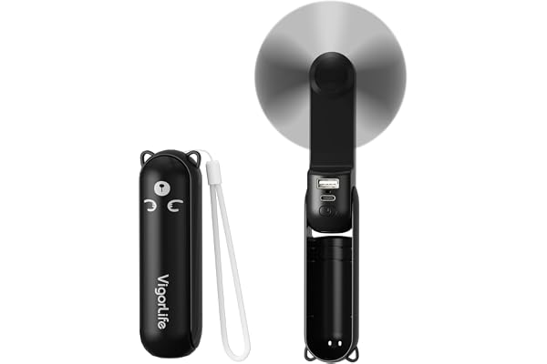 VigorLife Mini Ventilateur Portatif 3-en-1 USB - Ventilateur de Refroidissement Personnel avec Power Bank, Lampe Torche LED - Pliable de Poche pour Voyage, Urgence Extérieure (Noir)