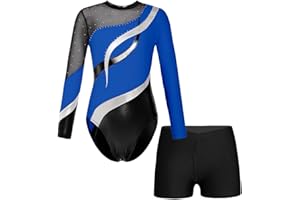 Oyolan Enfant Fille Justaucorps Gymnastique Strass Brillant Manche Longue avec Short de Gym Ensemble Danse Patinage Performance 5-14 Ans