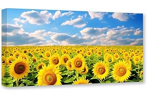 CXHOSTENT Gelbe Blumen-Leinwand-Kunst Sonnenblumenfeld blauer Himmel Landschaftsbilder Blumengemälde Druck Wohnzimmer-Dekorrahmen (Sonnenblume - 4, 30.00 x 60.00 cms)