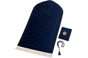 KESSAA Mihrab Prayer Mat Set – 1cm Smart Fiber Padded Velvet Prayer Rug with Quran Cover & Tasbih | Premium Islamic Gift Set | 65×120 cm (Navy Blue)