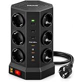 Robeve Fulltech Prime 12&rsquo;li Akım Korumalı Kule Priz 3680W - 1050J Koruma, PD20 Destekli 3 USB-A + 2 USB-C, 2 Metre Kablolu Di