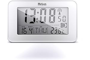 Mebus digitaler Funk-Wecker mit Mondkalender, Beleuchtung, Innenthermometer, 2 Weckzeiten, Schlummer-Funktion / Material: Kunststoff / Farbe: Weiß / Modell: 51461