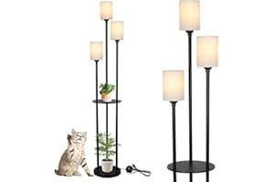 ‎RAYOFLY Rayofly Schwarz Stehlampe Wohnzimmer, Modern Stehlampe mit Regal, 3-flammige Vintage Stehleuchte mit Leinen Lampenschirm & Fußschalter, Industrial Stehlampen für Schlafzimmer Kinderzimmer Büro, 168cm