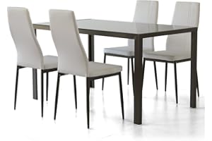 CRIBEL Set Benny/Jolly Tavolo Con 4 Sedie, Seduta In Finta Pelle, Robusto Piano Del Tavolo In Vetro Di Sicurezza, Alluminio, Vetro Temperato, Poliuretano, Bianco/Grigio, 135X80X76 Cm