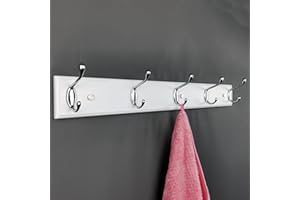lomejii Perchero de pared largo de madera blanca con 5 ganchos plateados, 60 cm de ancho, fuerte perchero para abrigo, sombrero, bolso, gran perchero moderno para la entrada, pasillo, dormitorio,