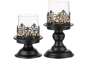 NITNOEI Set de 2 Portavelas, Portavelas Vintage, Portavelas de Metal, Set de Decoración para el Hogar, Decoración para Mesa de Salón y Repisa de Chimenea, Apto para Velas de Pilar, Negro