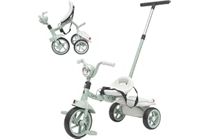 Twinly Triciclo Evolutivo bebé Plegable para niños 1-5 Años - Triciclo Infantil Ligero y Compacto - Manillar con Luz y Sonido, Cesta y Barra de Empuje Ajustable Carly (Menta)