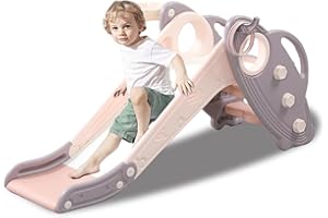 hoopyosms 3-en-1 Toboggan Enfant Pliable, Toboggan Bébé en Plastique avec Panier de Basket, Toboggan de Jardin, Toboggan Extérieur et Intérieur pour 1-3 Ans, Rose