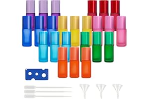PRITOK Roll On Glasflaschen für Ätherisches Öl 24 Stück Roll on Flasche Leer 5ml Multicolor Glas Roller Flaschen mit Edelstahl Roller Bällen und Zubehörteile für Ätherisches Öl, Parfüm, Massage