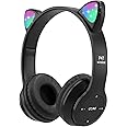 Megadream Kids Wireless Headphones, Bluetooth Over Ear Headsets Cat Ear LED Light Child Headset TF Card/Wired Foldable Earphones for Girls Boys Gift (Black)