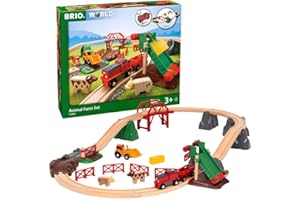 Brio World - 33984 - Circuit de la Ferme et Locomotive à pile - Coffret complet 30 pièces avec pont et animaux - Circuit de train en bois - Jouet mixte à partir de 3 ans