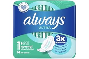 Always Ultra Sanitaria Normal (S1) con Alas x14 Super Absorbente y Ultra Delgada, para la Menstruación