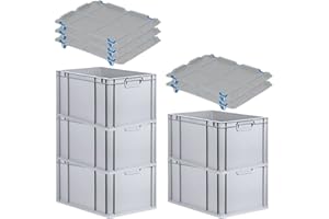 PROREGAL SparSet 5x Eurobox NextGen Grip mit Auflagedeckel & 4 blauen Schiebeschnappverschlüssen, HxBxT 32x40x60cm, 65 L, Grau, Griffe geschlossen, Eurobehälter, Transportbox