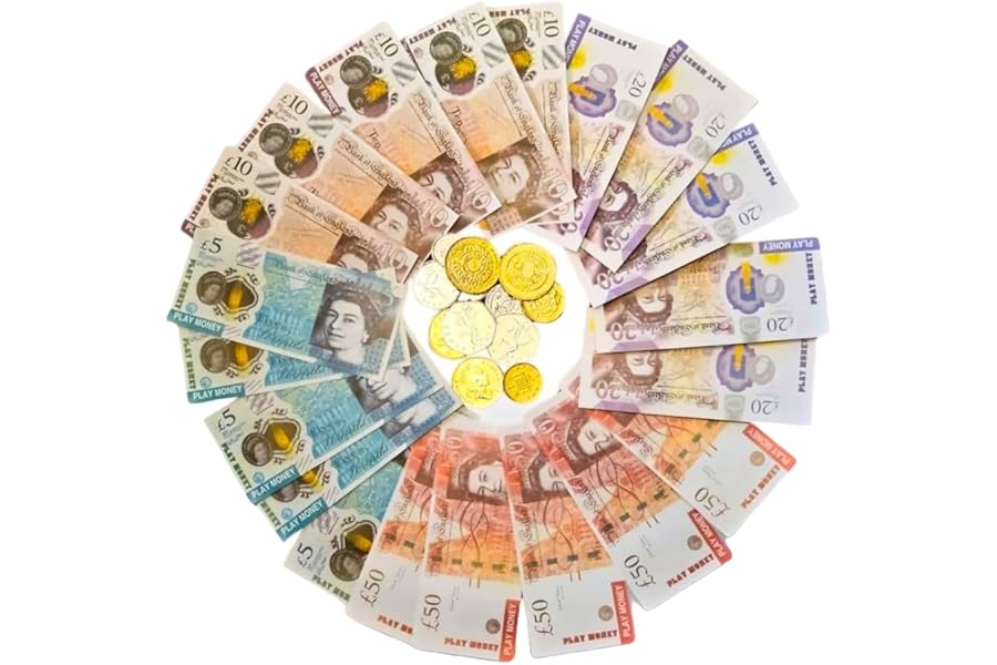 Play Money Notes and Coins For Kids - UK Pounds Realistic Pretend Money Coins For Children | Fake Notes Currency Toy Banknotes | Kids Role Shop Till Bank Cash, Post Office Set - School Teach Numeracy
