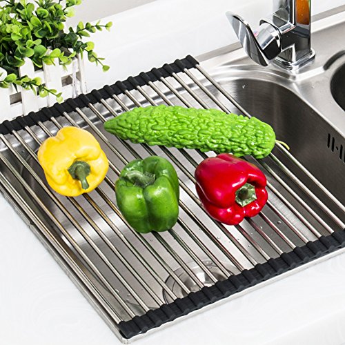 Angelbubbles Beim Rack Dish Edelstahl Roll-Up Abnehmbare über der spüle Einfache reinigung (L/19.68" x 12.79", Schwarz)