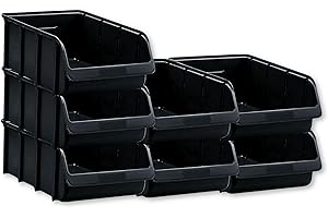 Hünersdorff 7 cajas apilables, tamaño 5, de polipropileno irrompible, recicladas, ideal para sistemas de ordenación y clasificación, placas de pared, estanterías, estanterías de taller, color negro