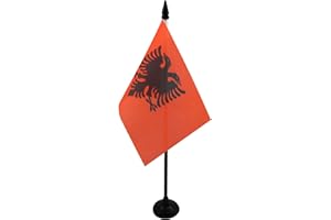 AZ FLAG - Albania Table Flag 4'' x 6'' - Albanian Office Mini Banner 100% Polyester 15 x 10 cm - Mini Desk Flag with 10'' Pole and Black Plastic Base