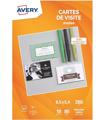 Cartes De Visite Avery - 100 Cartes Blanc Satiné 220g/m² - 85x54mm - Imprimables Recto/Verso