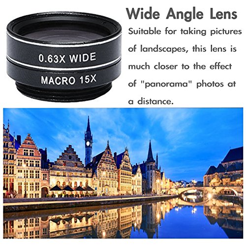 Expresstech @ 3 in 1 Lenti fotocamera Clip On Kit Lente fotografiche 198 Gradi Lenti Fish Eye + 0.63X Lente Grandangolo + 15x Obiettivo Macro per Cellulari iPhone 7 7 Plus iPhone 6S 6s Plus iPhone6 6 Plus Samsung Sony HTC LG Huawei e Altri Smartphone con una telecamera piatta