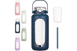 BLUEGO 2L Gourd en verre Avec paille Marqueur de temps Bouteille d'eau Motivation avec manchon en silicone 2 litres Grande carafe d'eau en Verre pour Gym, sports et entraînement, Bleu foncé