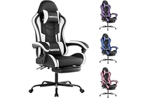 WOTSTA Gaming Chair with Footrest, Ergonomic Gaming Chair, Computer Chair with Lumbar Support, Head Rest, Height Adjustable PC Chairs with 360°-Swivel Seat for Office or Gaming, Black White