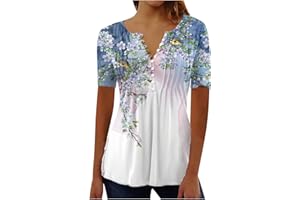 YOLOKE 2023 Summer Short Sleeve Tops for Women UK Trendy Casual Floral Graphic Shirts Tunic Blouses Plus Size Crew Neck Boho Henley Tees