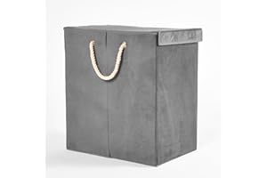 OHS Laundry Basket Matt Velvet, Space Saving Laundry Basket with Lid Clothes Basket Laundry for Dirty Clothes Foldable Washing Basket Easy to Carry Rope Handles, Charcoal Grey