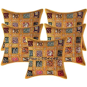 VRAAAG 16x16 Set of 5 (Set of 3, 2 and Single Piece Also Available) Mango Yellow Cotton Embroidered Sequins Patchwork Indian Rajasthani Traditional Cushion Cover for Home and Gifts