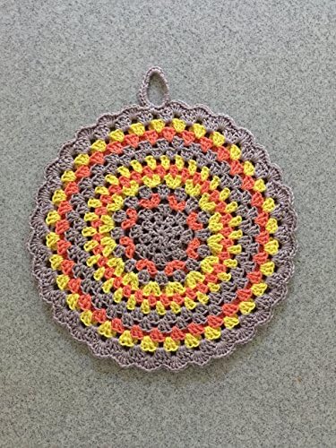 Circular Crochet Pot Holder Grey/Orange/Yellow