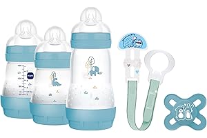 MAM Welcome to the World G101-3 Biberones Easy Start Anti-Colic, 1 tétine Start et 1 Broche Clip 0 mois Bleu