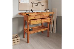 NITCA Banco da Lavoro con Cassetti e Morse, Tavolo da Lavoro in Legno Massello di Acacia, Banco da Lavoro per Garage, Officina e Capannone, 124x52x83cm